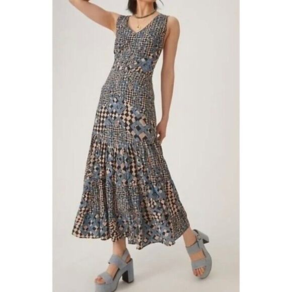 Anthropologie Let Me Be Flounced Maxi Dress Womens S Geometric Print Tiered - Picture 1 of 16